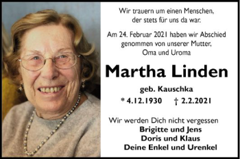Traueranzeige von Martha Linden von Mannheimer Morgen