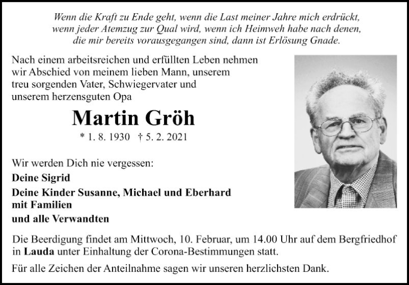  Traueranzeige für Martin Gröh vom 09.02.2021 aus Fränkische Nachrichten