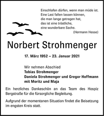 Traueranzeige von Norbert Strohmenger von Bergsträßer Anzeiger