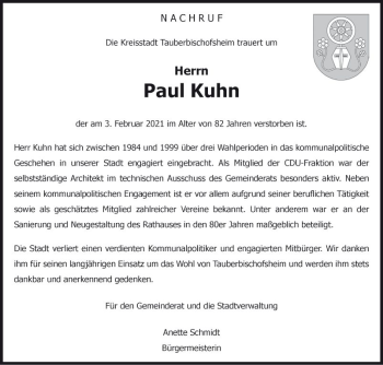 Traueranzeige von Paul Kuhn von Fränkische Nachrichten