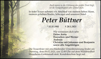 Traueranzeige von Peter Büttner von Mannheimer Morgen