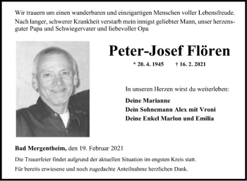 Traueranzeige von Peter-Josef Flören von Fränkische Nachrichten