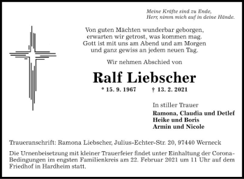 Traueranzeige von Ralf Liebscher von Fränkische Nachrichten