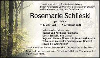 Traueranzeige von Rosemarie Schlieski von Bergsträßer Anzeiger