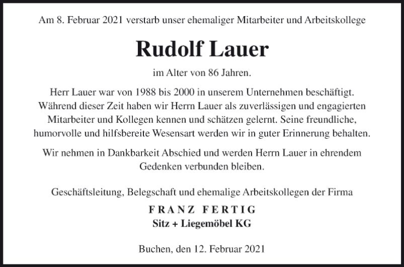  Traueranzeige für Rudolf Lauer vom 12.02.2021 aus Fränkische Nachrichten