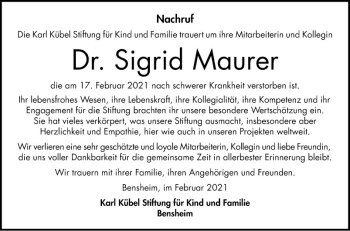 Traueranzeige von Sigrid Maurer von Bergsträßer Anzeiger