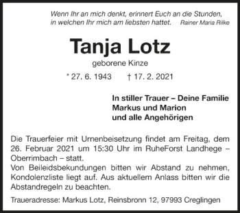 Traueranzeige von Tanja Lotz von Fränkische Nachrichten