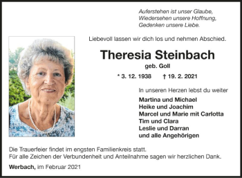 Traueranzeige von Theresia Steinbach von Fränkische Nachrichten