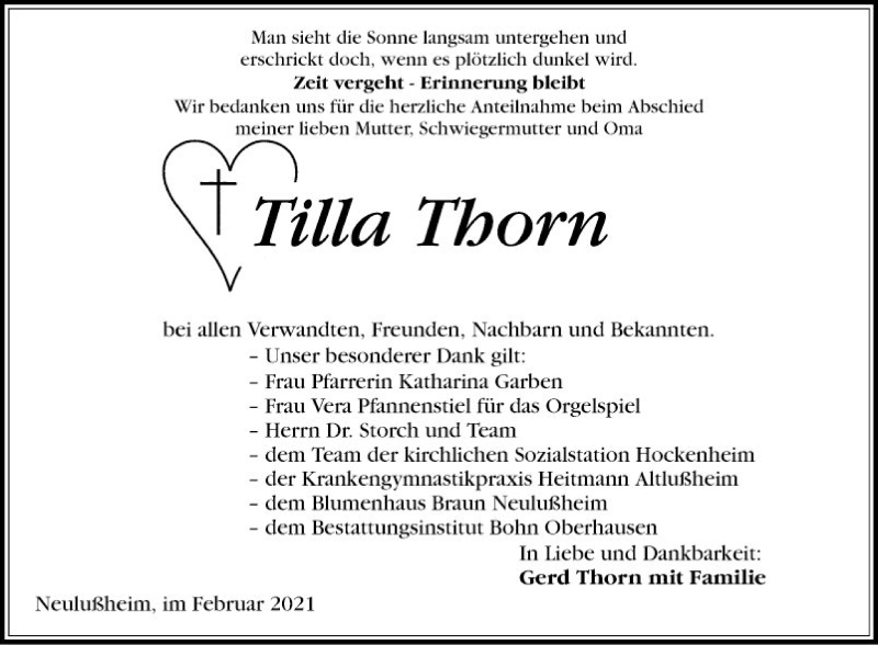  Traueranzeige für Tilla Thorn vom 19.02.2021 aus Schwetzinger Zeitung