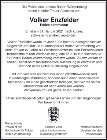 Traueranzeige von Volker Enzfelder von Fränkische Nachrichten