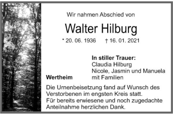 Traueranzeige von Walter Hilburg von Fränkische Nachrichten