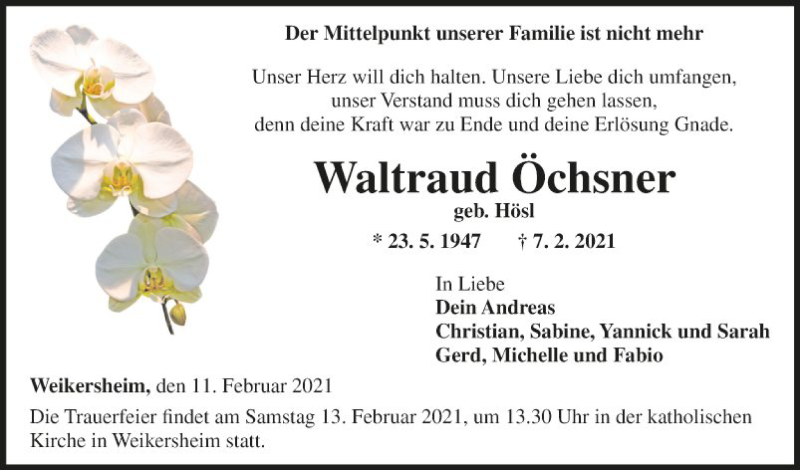  Traueranzeige für Waltraud Öchsner vom 11.02.2021 aus Fränkische Nachrichten