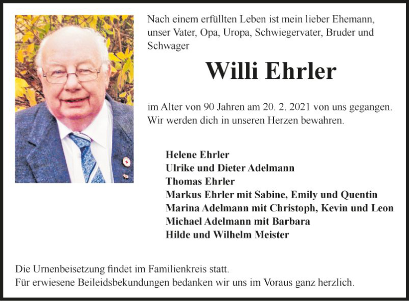  Traueranzeige für Willi Ehrler vom 27.02.2021 aus Fränkische Nachrichten