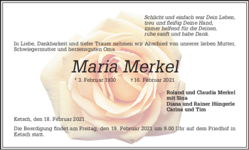 Traueranzeige von Maria Merkel von Schwetzinger Zeitung