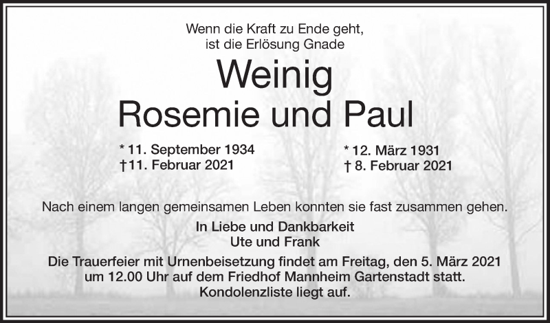  Traueranzeige für Rosemie und Paul Weinig vom 20.02.2021 aus Mannheimer Morgen
