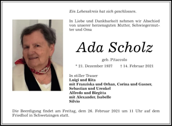 Traueranzeige von Ada Scholz von Schwetzinger Zeitung