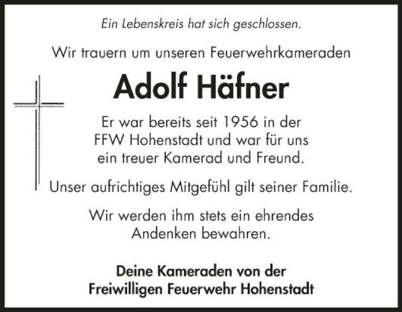  Traueranzeige für Adolf Häfner vom 06.03.2021 aus Fränkische Nachrichten