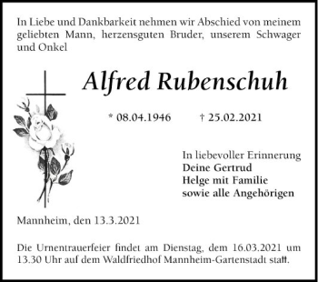 Traueranzeige von Alfred Rubenschuh von Mannheimer Morgen