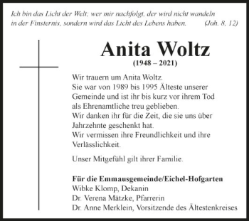 Traueranzeige von Anita Woltz von Fränkische Nachrichten