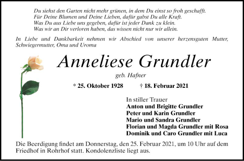  Traueranzeige für Anneliese Grundler vom 20.02.2021 aus Schwetzinger Zeitung
