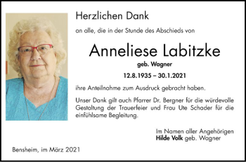 Traueranzeige von Anneliese Labitzke von Bergsträßer Anzeiger