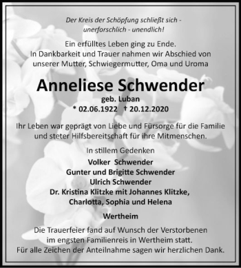 Traueranzeige von Anneliese Schwender von Fränkische Nachrichten
