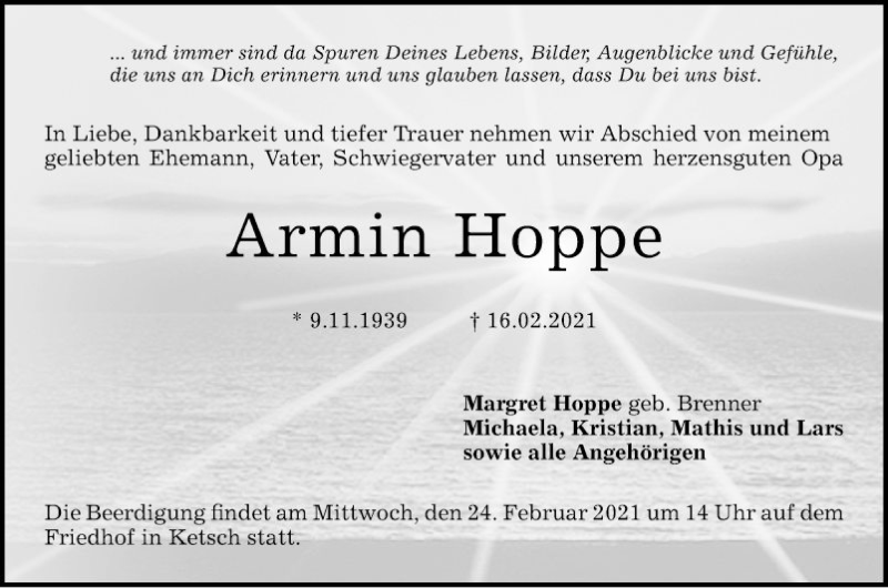  Traueranzeige für Armin Hoppe vom 20.02.2021 aus Schwetzinger Zeitung