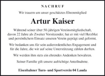 Traueranzeige von Artur Kaiser von Fränkische Nachrichten