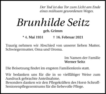 Traueranzeige von Brunhilde Seitz von Mannheimer Morgen