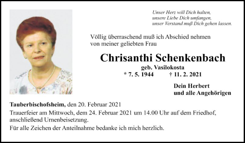  Traueranzeige für Chrisanthi Schenkenbach vom 20.02.2021 aus Fränkische Nachrichten