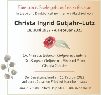 Traueranzeige von Christa Ingrid Gutjahr-Lutz von Mannheimer Morgen