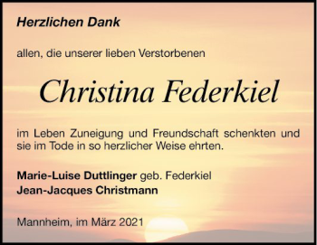 Traueranzeige von Christina Federkiel von Mannheimer Morgen