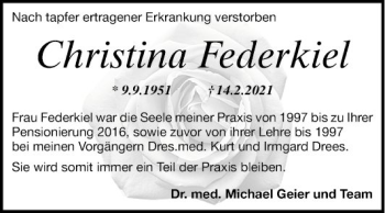 Traueranzeige von Christina Federkiel von Mannheimer Morgen