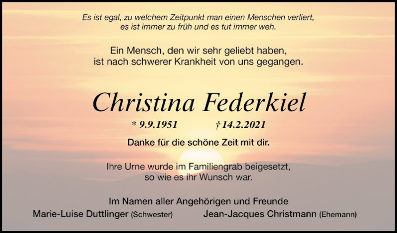  Traueranzeige für Christina Federkiel vom 06.03.2021 aus Mannheimer Morgen