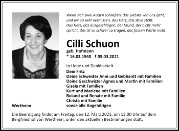 Traueranzeige von Cilli Schuon von Fränkische Nachrichten