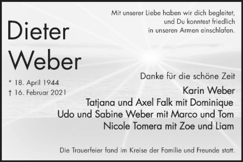  Traueranzeige für Dieter Weber vom 06.03.2021 aus Mannheimer Morgen