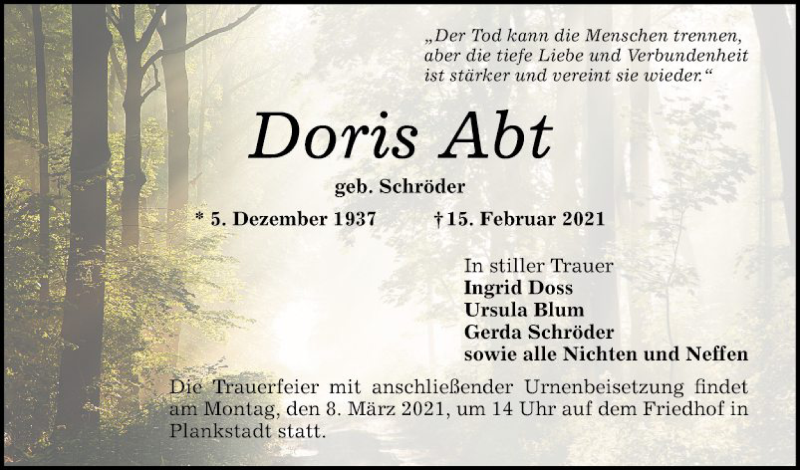  Traueranzeige für Doris Abt vom 03.03.2021 aus Schwetzinger Zeitung