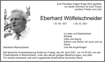 Traueranzeige von Eberhard Wölfelschneider von Fränkische Nachrichten