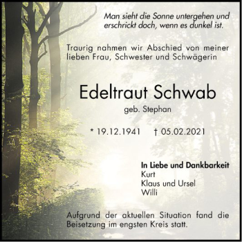 Traueranzeige von Edeltraud Schwab von Mannheimer Morgen