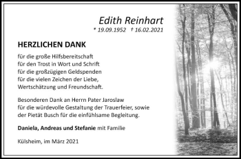 Traueranzeige von Edith Reinhart von Fränkische Nachrichten