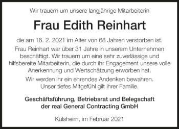 Traueranzeige von Edith Reinhart von Fränkische Nachrichten