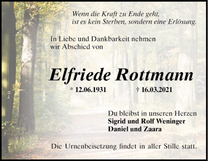  Traueranzeige für Elfriede Rottmann vom 27.03.2021 aus Mannheimer Morgen