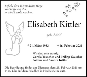Traueranzeige von Elisabeth Kittler von Mannheimer Morgen