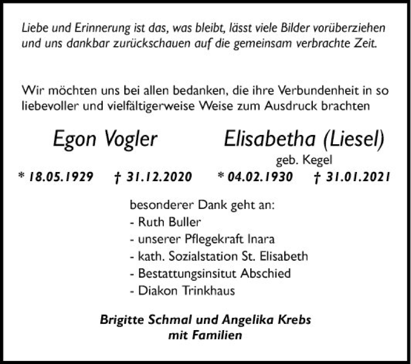  Traueranzeige für Elisabetha Vogler vom 13.02.2021 aus Mannheimer Morgen