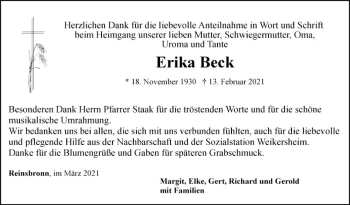 Traueranzeige von Erika Beck von Fränkische Nachrichten