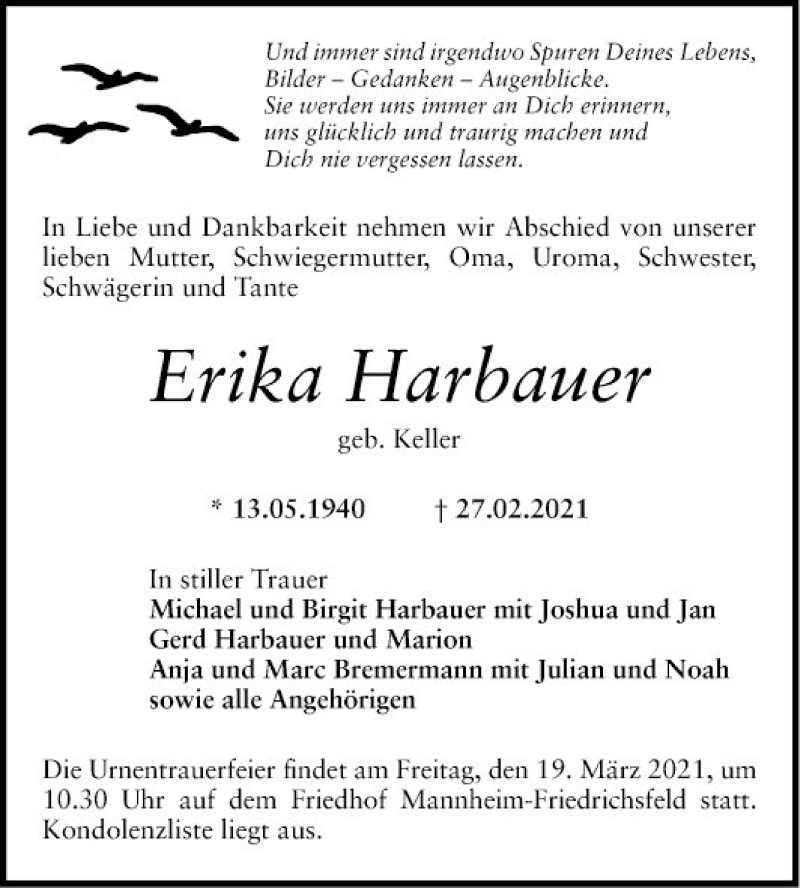  Traueranzeige für Erika Harbauer vom 13.03.2021 aus Mannheimer Morgen