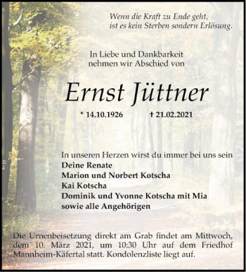 Traueranzeige von Ernst Jüttner von Mannheimer Morgen