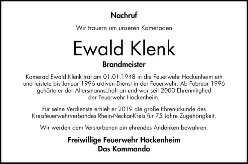  Traueranzeige für Ewald Klenk vom 05.03.2021 aus Schwetzinger Zeitung