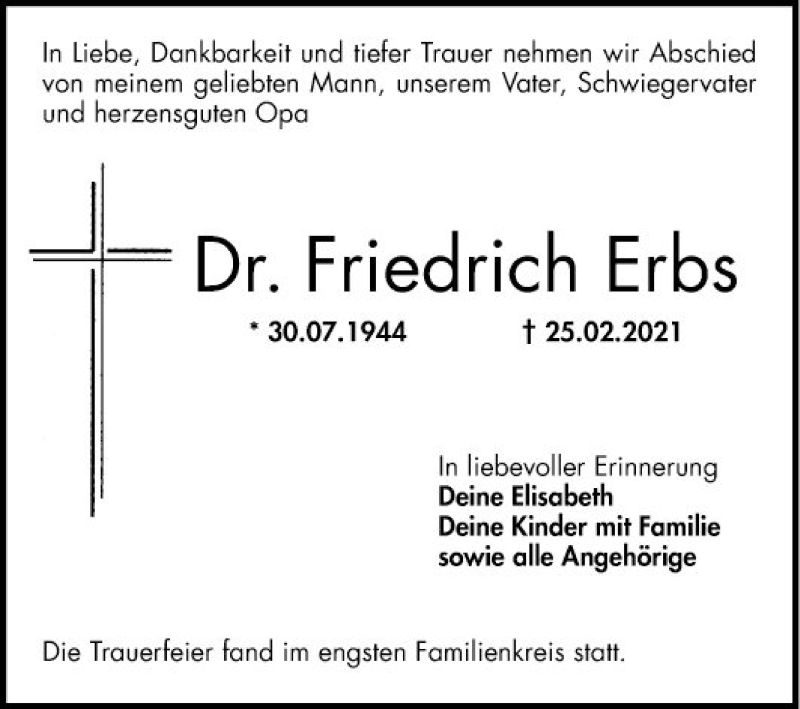  Traueranzeige für Friedrich Erbs vom 20.03.2021 aus Mannheimer Morgen