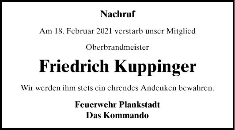  Traueranzeige für Friedrich Kuppinger vom 12.03.2021 aus Schwetzinger Zeitung